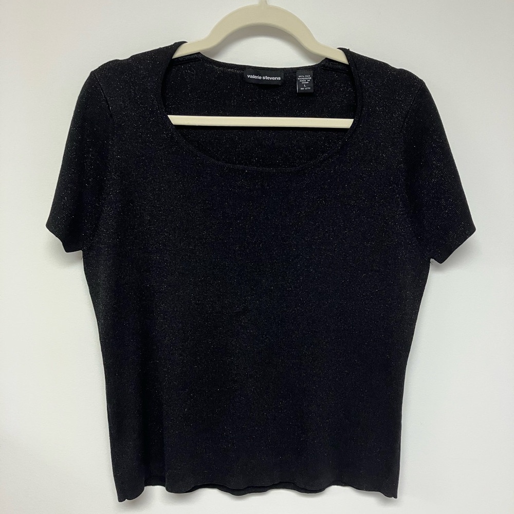 Valerie Stevens Black Silver Sparkle Short Sleeve Top, L